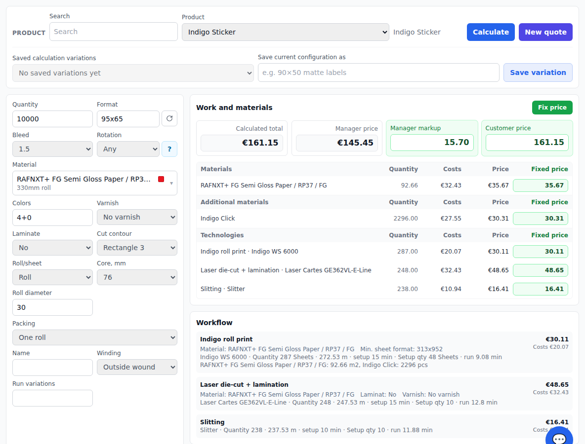 PrintSys Indigo label calculator with label format, roll and winding parameters